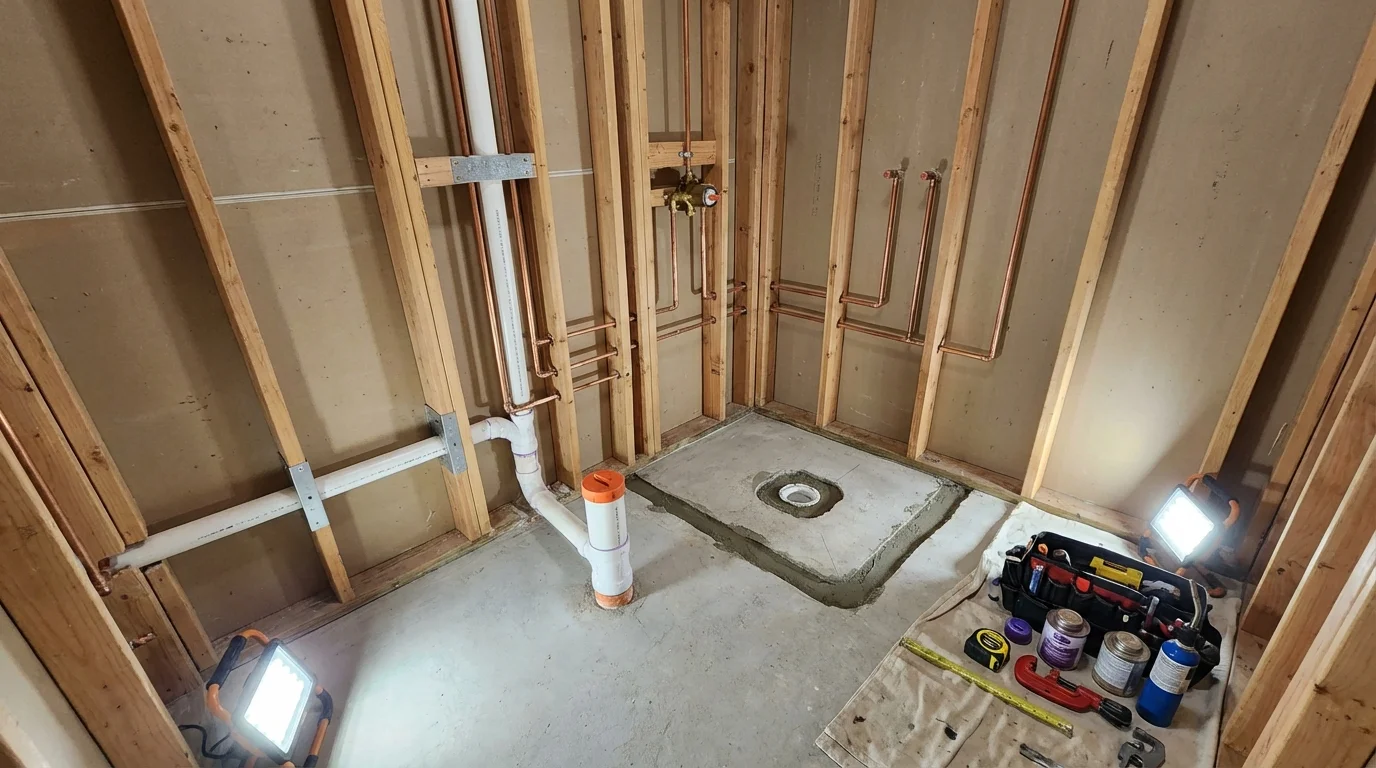 Bathroom rough-in plumbing during remodel by Johns Plumbing LLC in Falls City