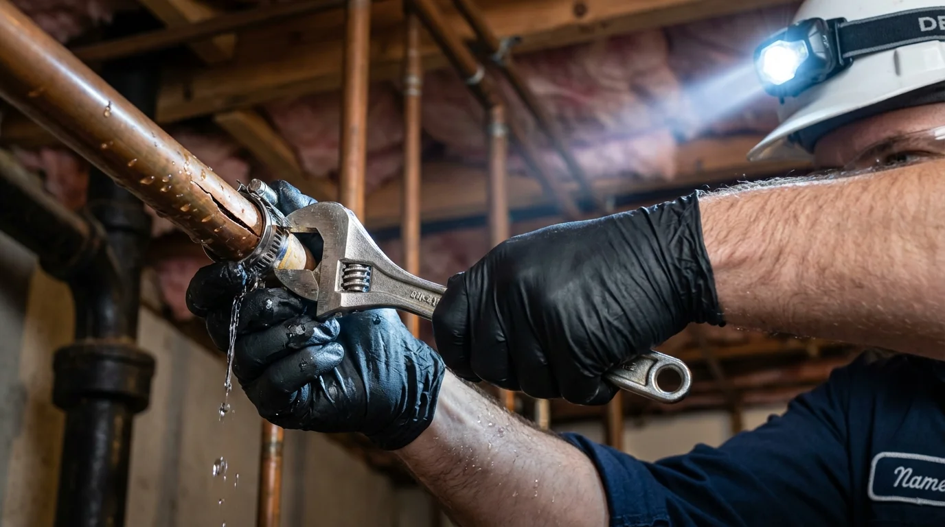 Emergency pipe clamp repair being performed by a Johns Plumbing LLC plumber in Falls City