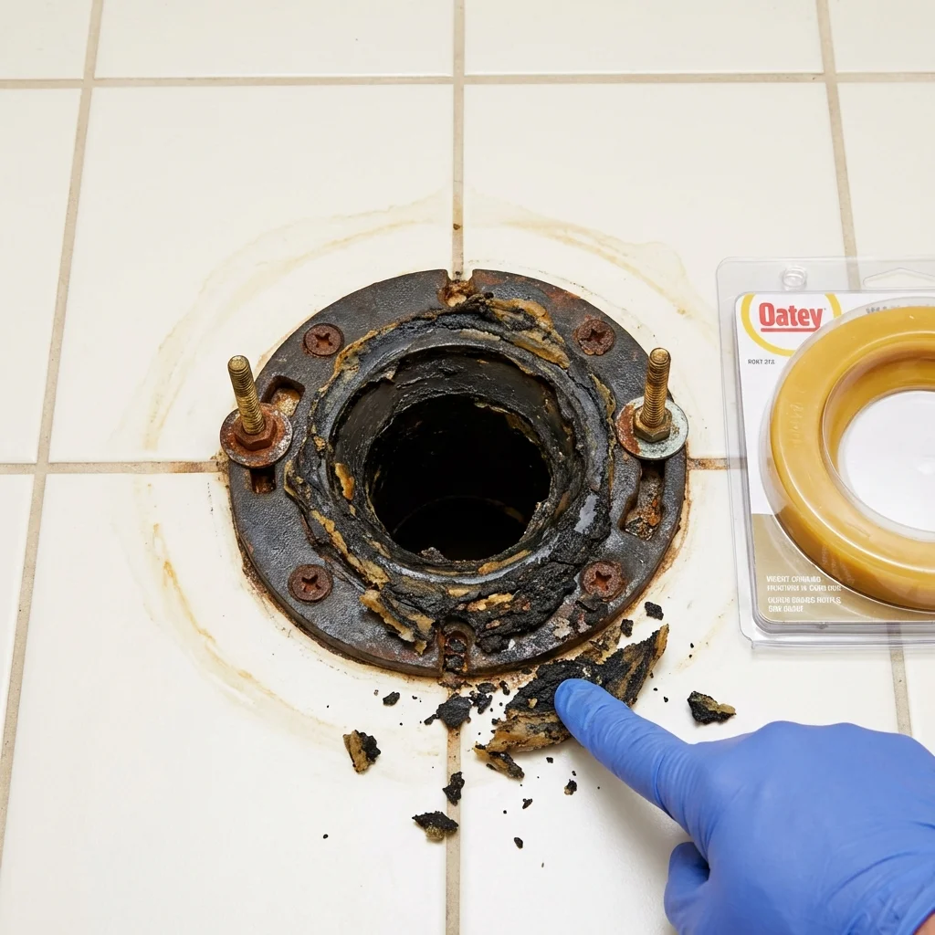Failed wax ring showing water seepage at the base of a toilet in a Falls City, NE home