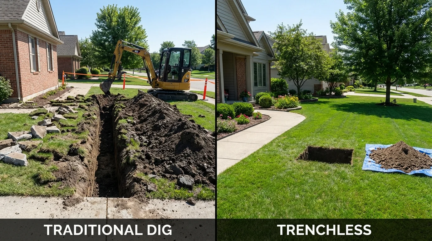 Trenchless sewer repair with minimal yard damage versus traditional excavation in Falls City, NE