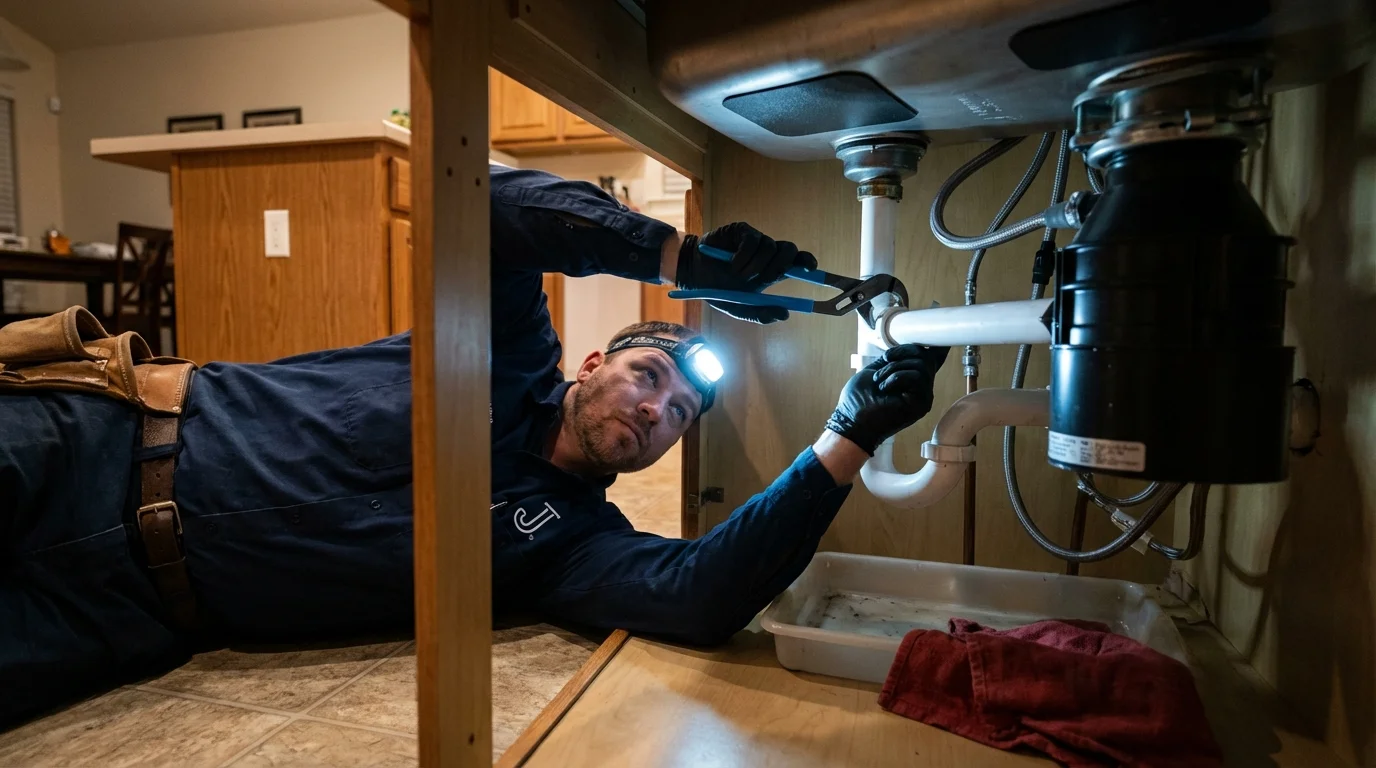 P-trap and supply line connections under a kitchen sink showing a common leak point in Falls City, NE